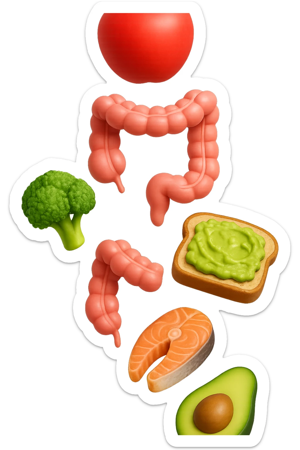 emoji stile iphone in 3d di cibo sano che fluttua in aria vericalmente insieme ùa pezzi di colon umano anatomico, iperrealistico 4k sticker