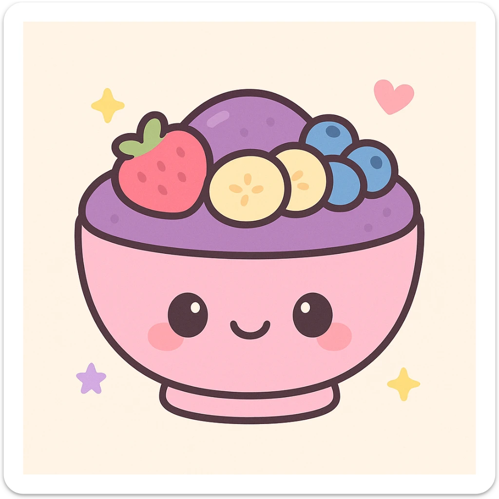Mighty Purple acai bowl, kawaii style, cute face on bowl, purple acai, playful fruit toppings sticker