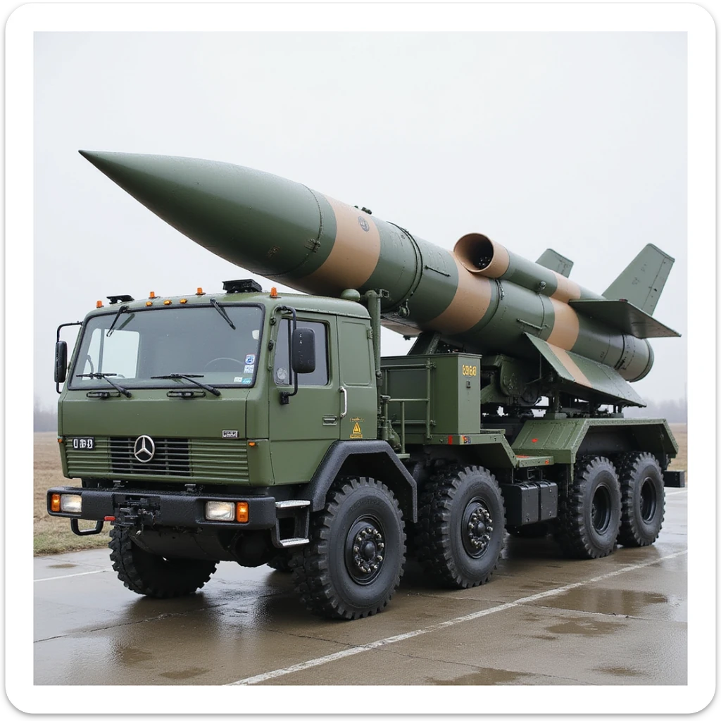 Iskander-M missile system, rocket carrier truck, realistic style, detailed, top view sticker