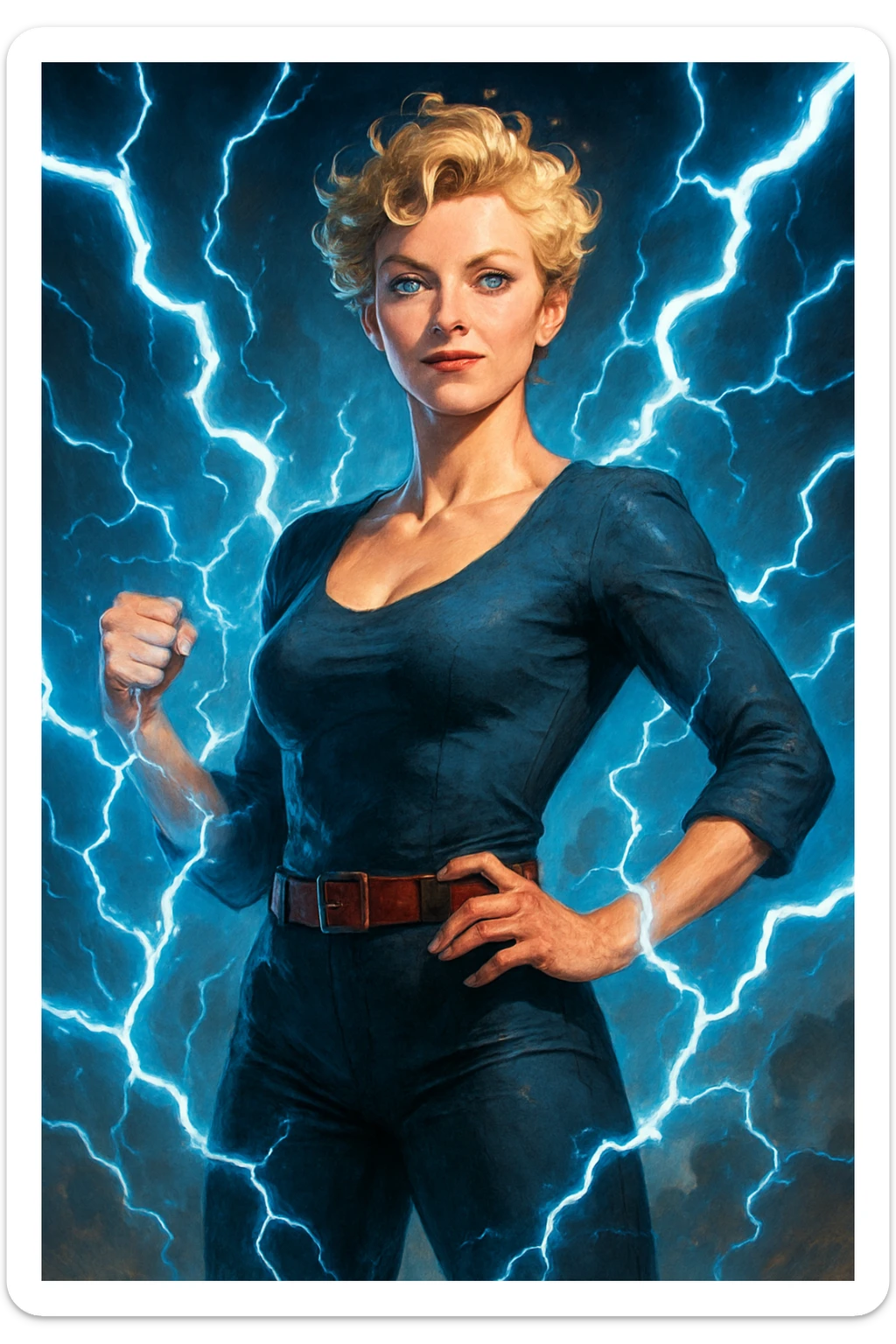 a woman with short curly blonde hair, blue eyes, and blue electricity crackling around her, confident pose sticker