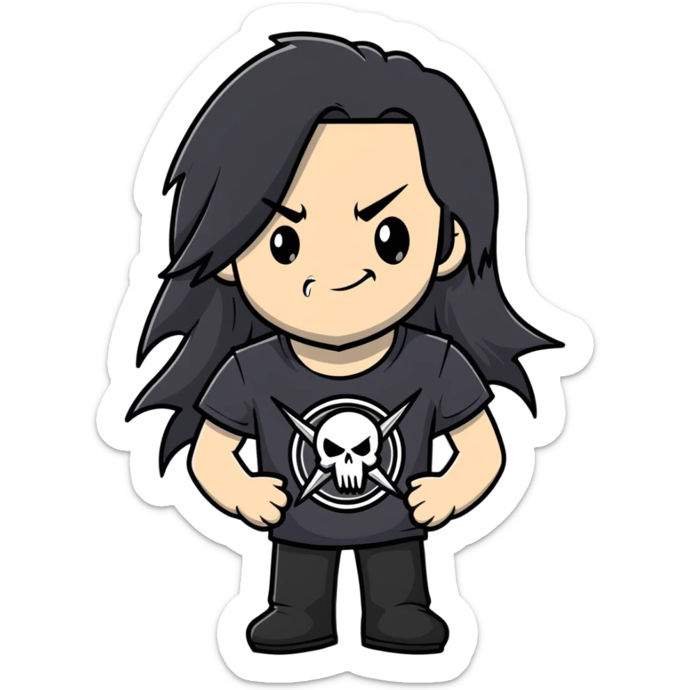 A metalhead with long flowing black hair, wearing a black heavy metal t-shirt, smirking confidently sticker