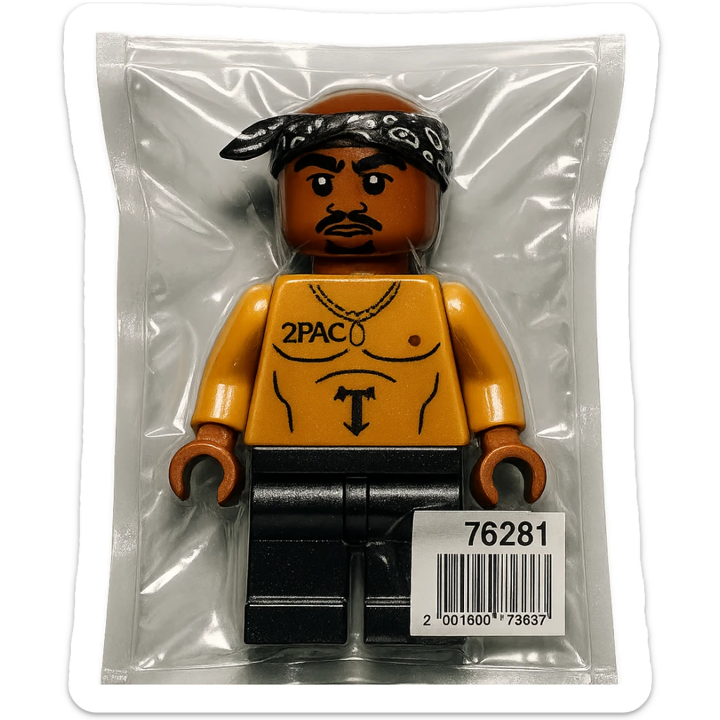 Lego minifigure of 2Pac, with signature bandana and West Coast style, glossy sticker