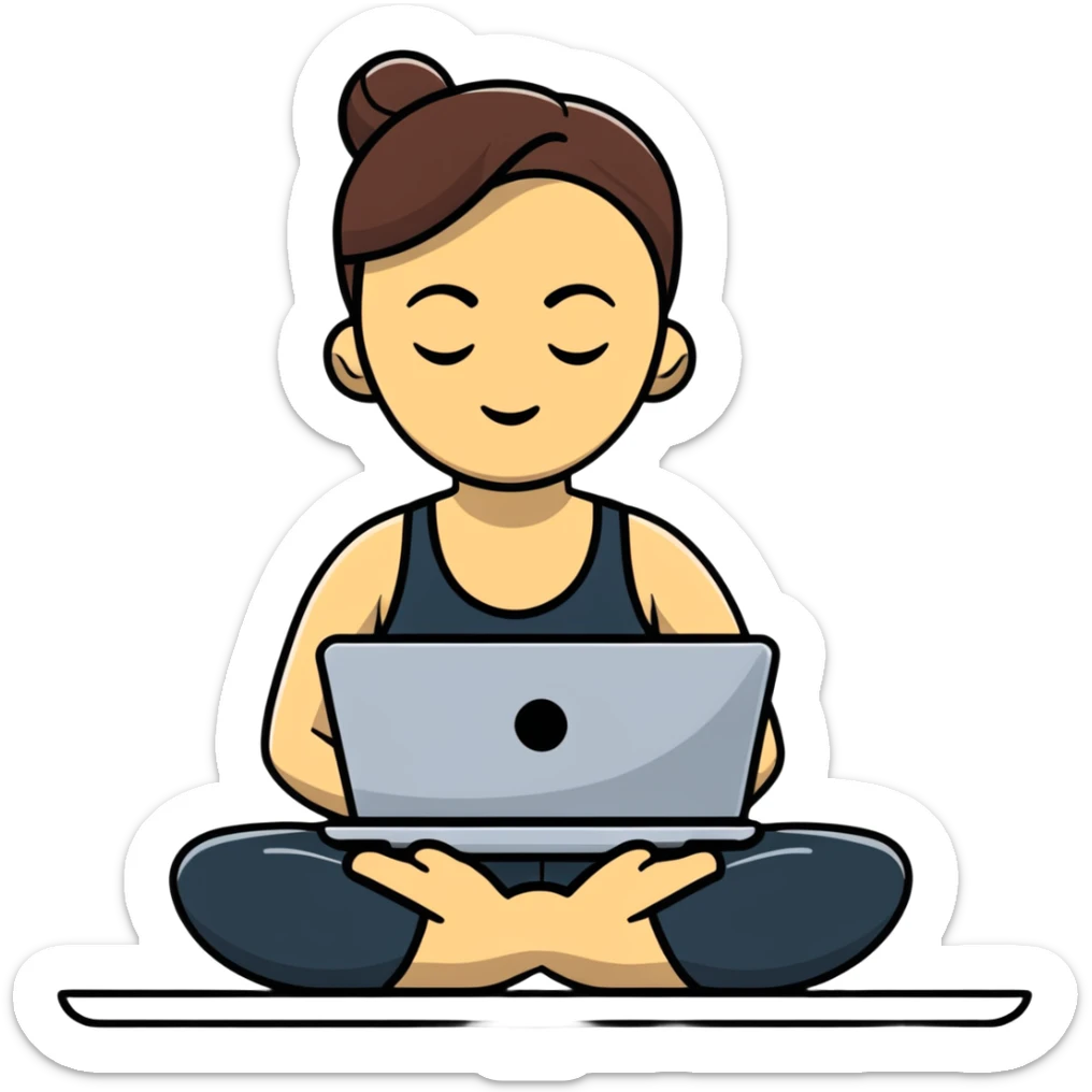 cartoon sticker of a yoga teacher meditating with a laptop beside her sticker