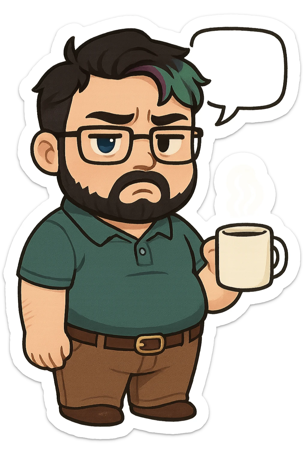 A realism art illustration art style of handsome plus-size man with black hair and a purple to green ombre streak, black beard, blue eye, glasses, dressed like a dad, holding a coffee mug, blank speech bubble, frowning  sticker