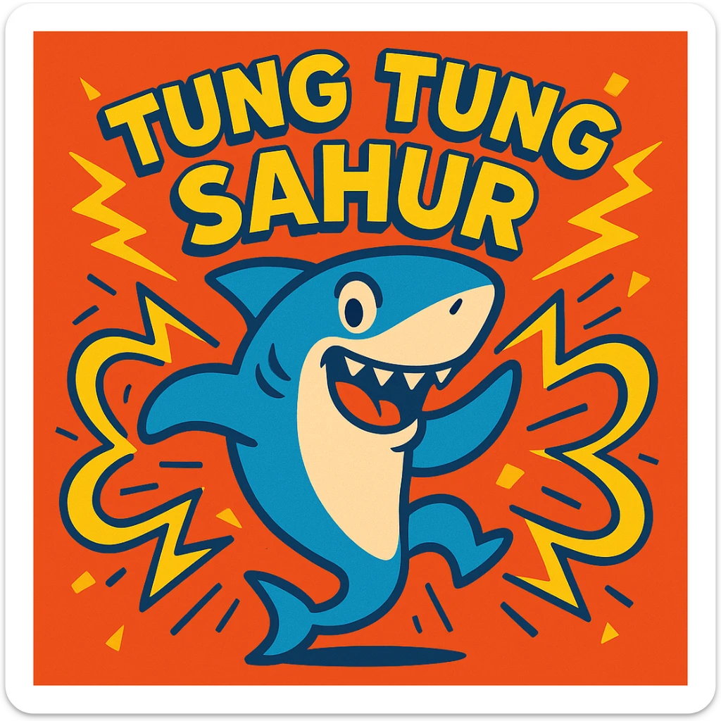 dancing shark surrounded by sound waves and 'tung tung tung sahur', energetic, cartoon style sticker