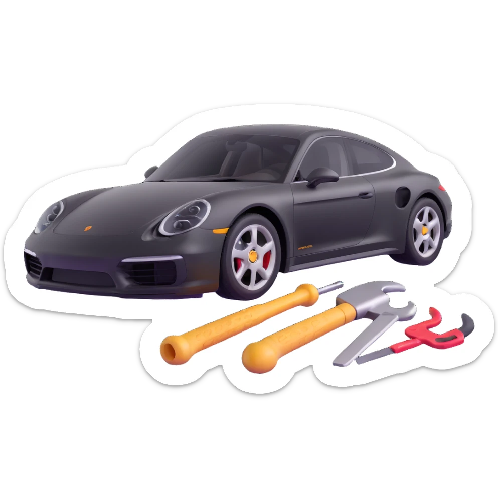 Porsche luxury car with dent repair tools like a lever and small hammer, elegant and modern sticker