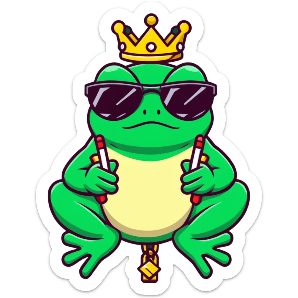 gangster frog wearing a gold crown smoking a blunt, cool sunglasses, gold chain sticker