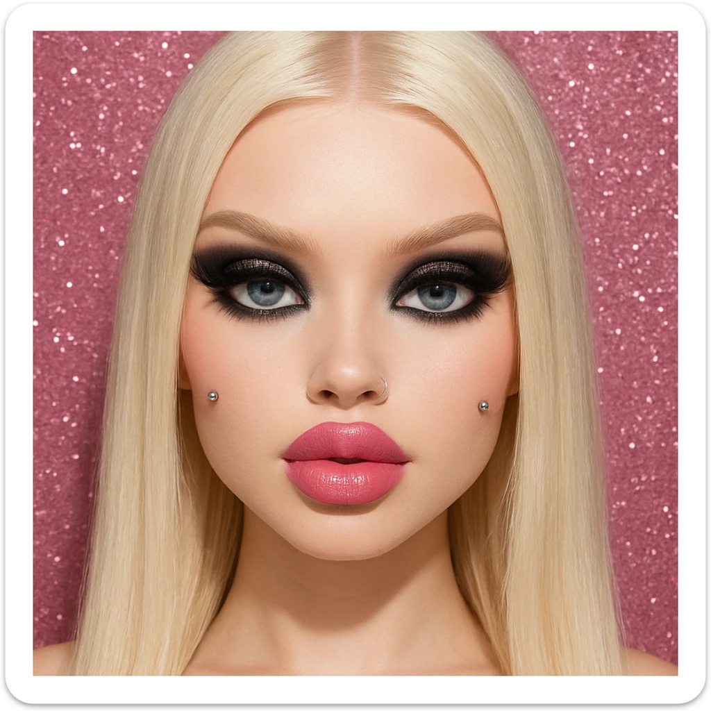 pretty Bratz baddie with platinum blonde straight hair, pale skin, pretty makeup, blue eyes, platinum blonde brows, silver cheek piercings, black smokey eyeshadow, pink lipstick, nose piercing, pink glittery background sticker