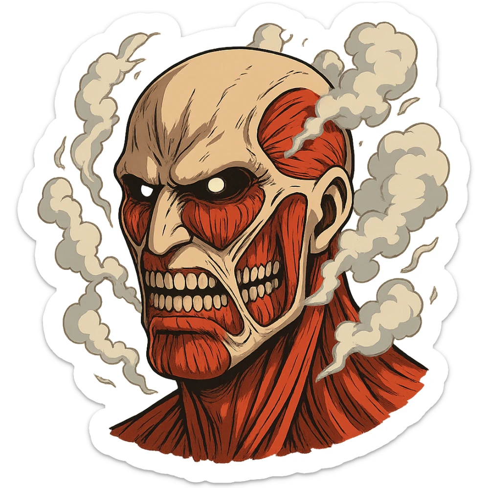 Colossal Titan head, menacing, with steam and muscle detail, anime style sticker