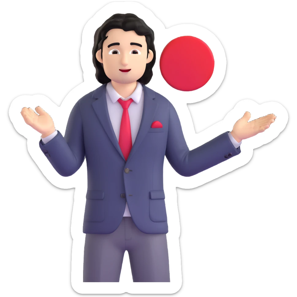 Business strategist with black wavy hair, stubble, chiseled face, wearing blazer and button-up shirt, giving an inspirational TED-style talk about innovation on a minimalist stage with red circle, dynamic speaking pose sticker