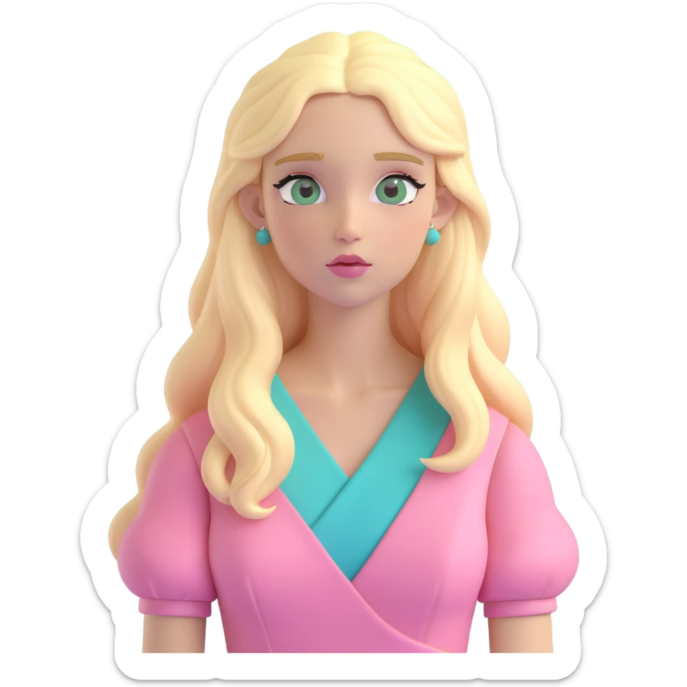 blonde with long hair and swamp eyes in a pink pastel dress, thoughtful, 3D iOS realistic emoji style sticker