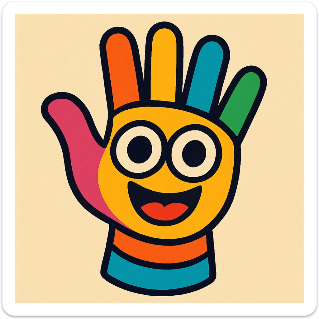 a playful cartoon style hand with eyes in the palm, colorful and lively sticker