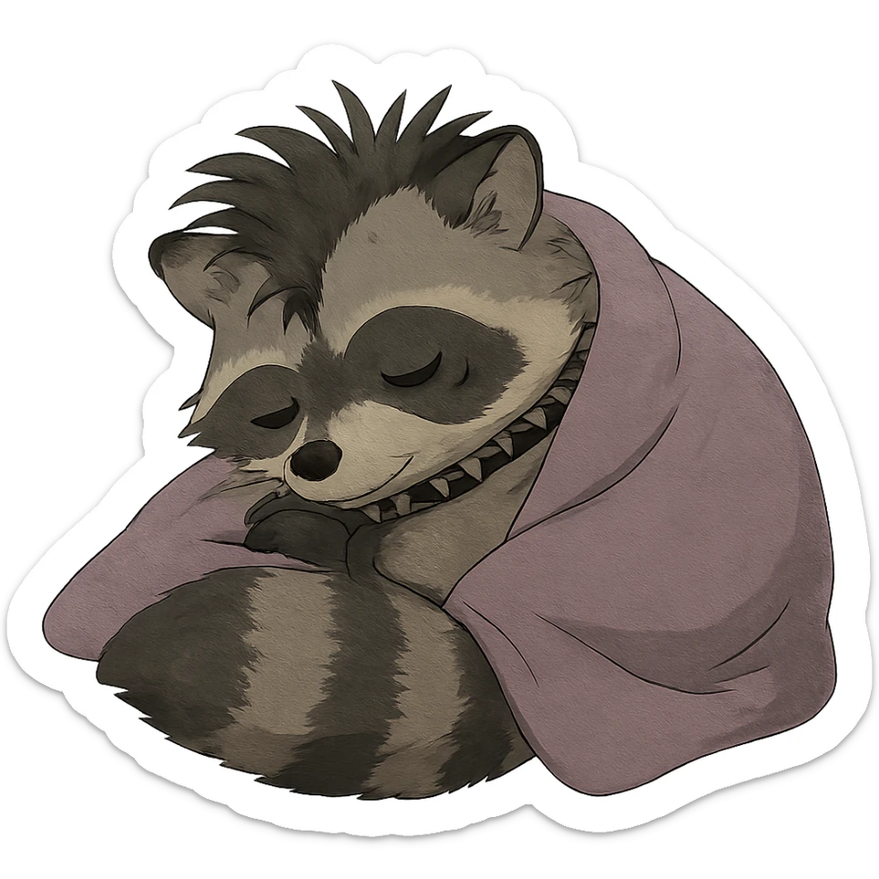 a punk goth trash baby raccoon cuddled up tucked in for a cozy nap sticker