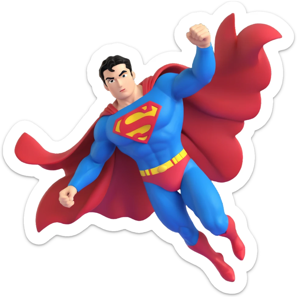 3D emoji of Superman, ultra-realistic and energetic, flying with a flowing red cape, blue suit, glowing yellow 'S' emblem, muscular build, chiseled jawline, signature black hair curl, dramatic sky and sunlight, vibrant and shiny sticker
