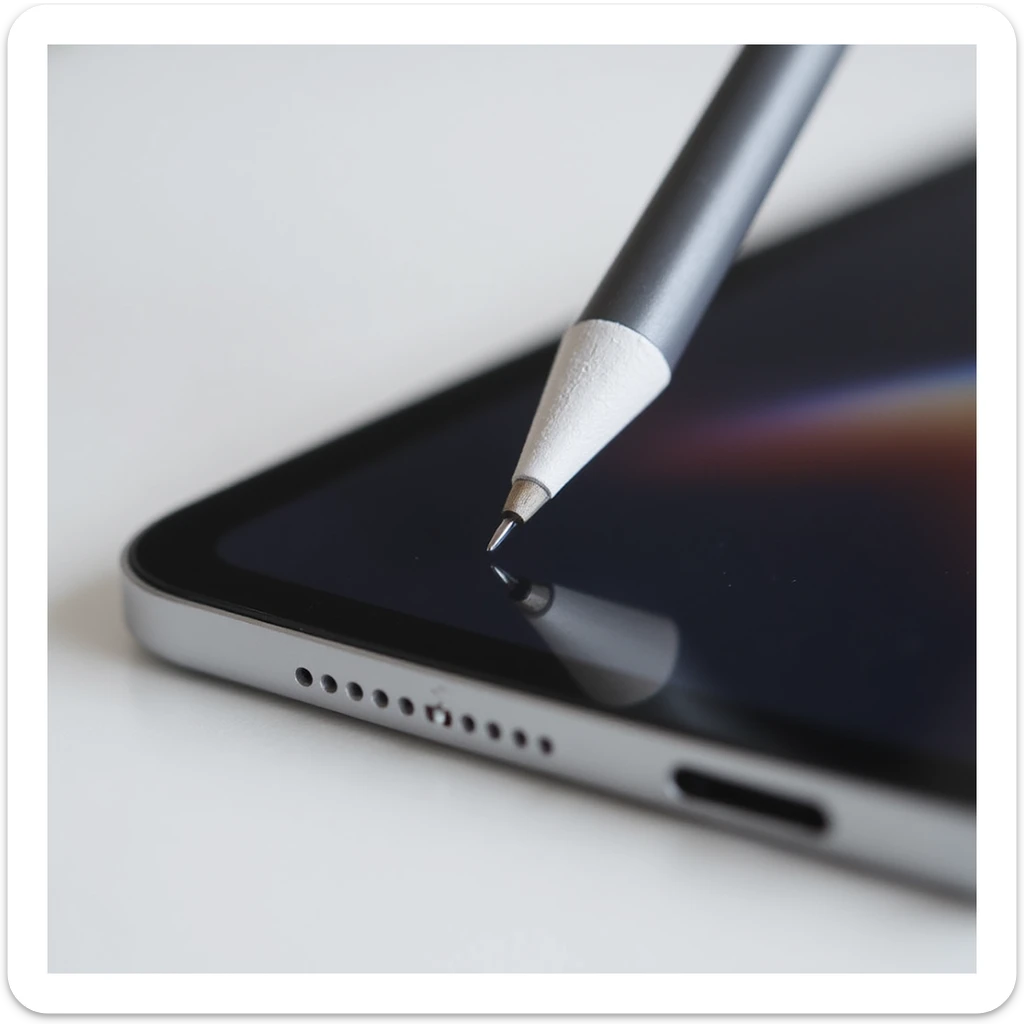 an iPad Pro with Apple Pencil, realistic style, close-up, detailed, photorealistic, modern device, screen reflection, metallic edges sticker