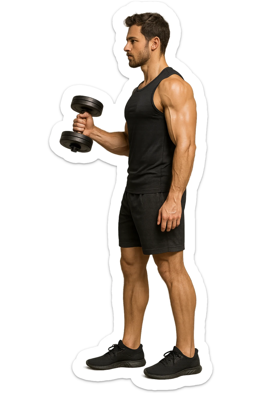 uomo fitness di profilo a figura intera con manubrio da palestra in mano, iperrealistico 4k sticker