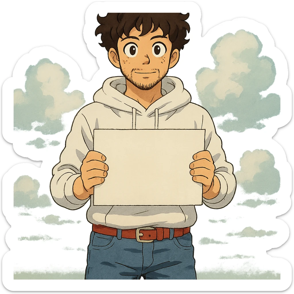 1 male, mid fade haircut dark chestnut brown curly hair, toasted lightskin, white hoodie sleeves up, fashion jeans, red fashion-sneakers shoes, red belt, short trimmed beard and goatee,  style of deku from "my hero academia", pose: holding a blank poster chest level sticker