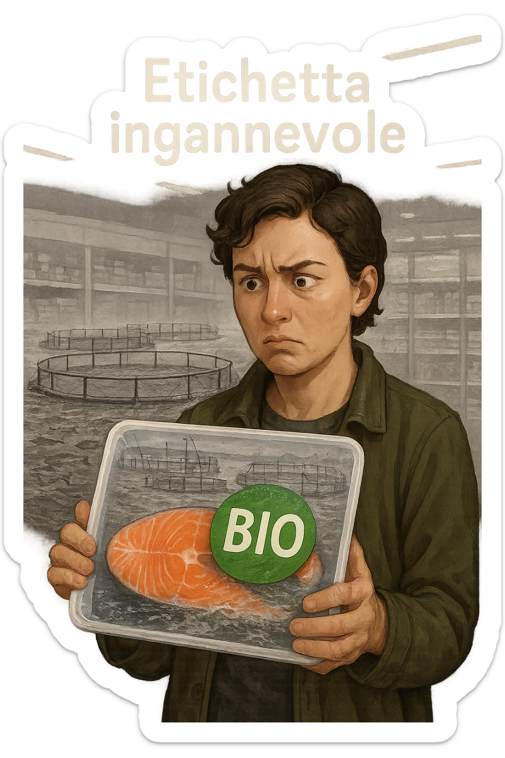 Scena in un supermercato moderno: uomo o donna tiene in mano una confezione di salmone etichettata 'BIO', con un grande bollino verde. Ma in trasparenza, dietro l’etichetta, si intravede un allevamento intensivo di salmoni in gabbie marine, acqua torbida e pesci ammassati. Espressione del cliente confusa e sospettosa. Sopra la testa, testo simbolico fluttuante: 'Etichetta ingannevole'. Colori contrastanti: confezione brillante ma realtà di fondo grigia e artificiale. Stile realistico con elementi simbolici forti sticker