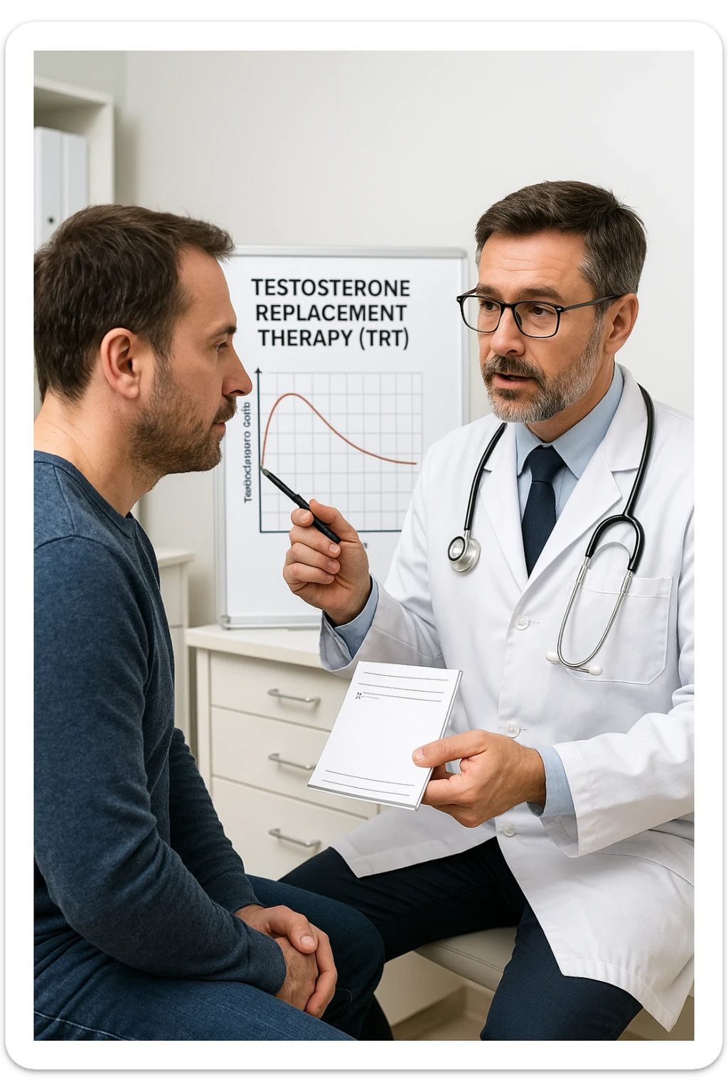 a man in his 40s sits in a doctor’s office, listening attentively as a physician explains TRT (Testosterone Replacement Therapy). The doctor holds a prescription pad and points to an educational chart showing testosterone levels. The mood is professional and informative, with a clean, clinical background. in italiano sticker
