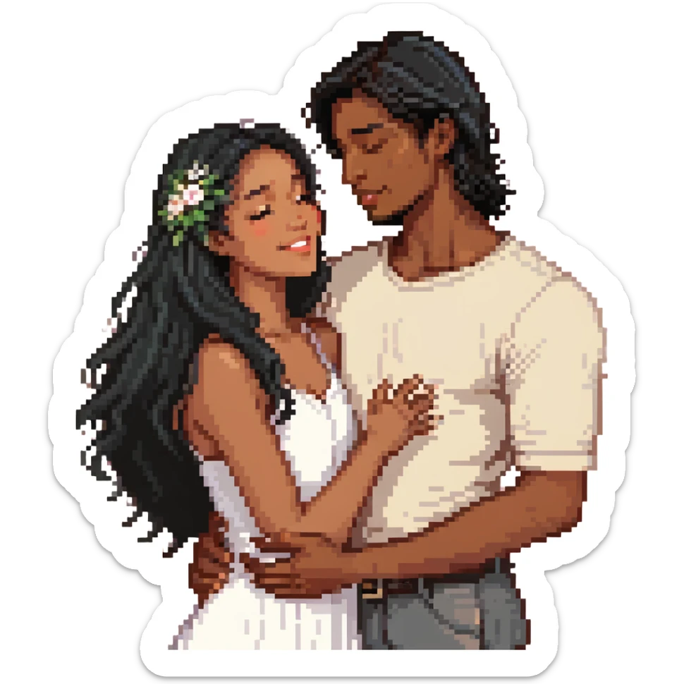 An emoji of a happy couple, the woman has long black hair and a light brown skin tone, while the man has short black hair and a white skin tone. They are in a romantic pose, expressing love and joy with warm facial expressions and affectionate gestures. sticker