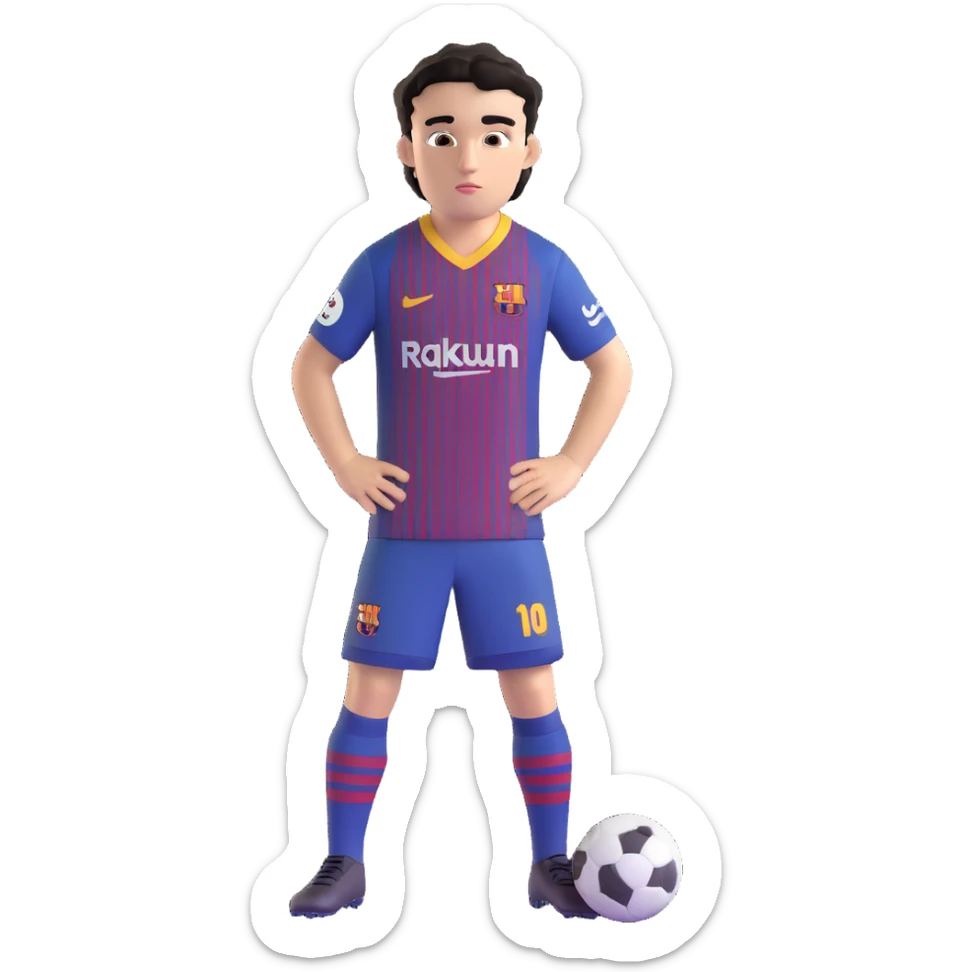 young male footballer with short curly black hair, brown eyes, confident look, in FC Barcelona kit, oversized eyes, smooth shading sticker