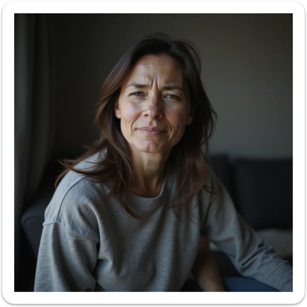 woman with vitamin B12 deficiency, pale face, dark circles, tired posture, seated or standing, chronic fatigue expression, hyperrealistic 4K details, vertical 9:16 format, white background sticker