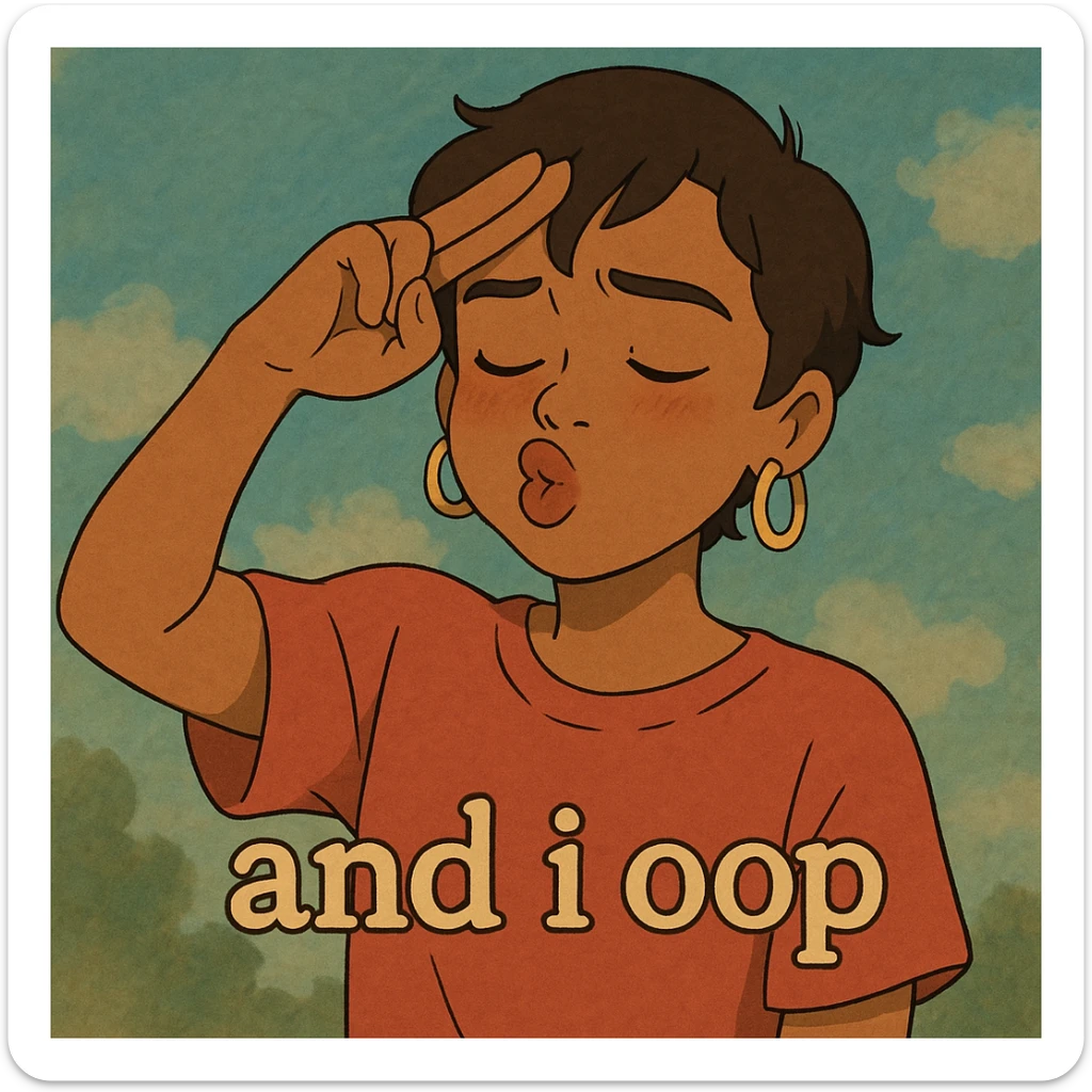 and I oop, slay energy, emoji with fingers to forehead like salute, "and i oop" meme, puckering lips, looking down, lowkey embarassed but still cool sticker