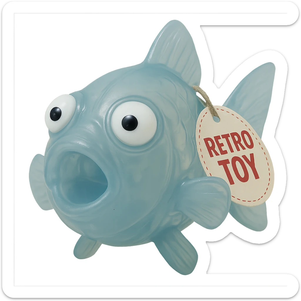 Add a retro toy tag on the fin. Make the body see-through, semi-transparent plastic with a blue tint. Eyes going opposite ways, looking straight at the camera. No background. Hyper-detailed, soft plastic 90's toy look, soft reflections, soft and squishy, some cloudiness, not shiny, highly detailed, appealing. Style: soft plastic 90's toy look. sticker