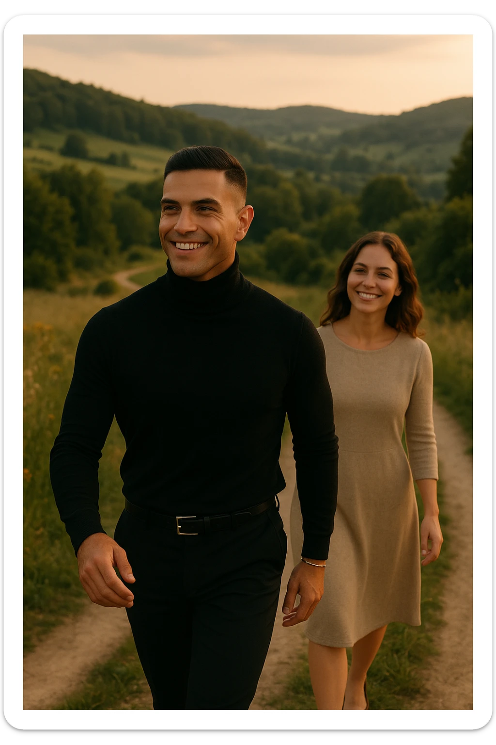 a man and a woman walk together along a winding path in a natural landscape. In one version, the woman leads confidently while the man follows a few steps behind, looking at lei con ammirazione. In un’altra versione, i ruoli sono invertiti, con l’uomo che guida e la donna che lo segue sorridendo. La scena trasmette l’idea che entrambi possano guidare o seguire, a seconda del momento. sticker