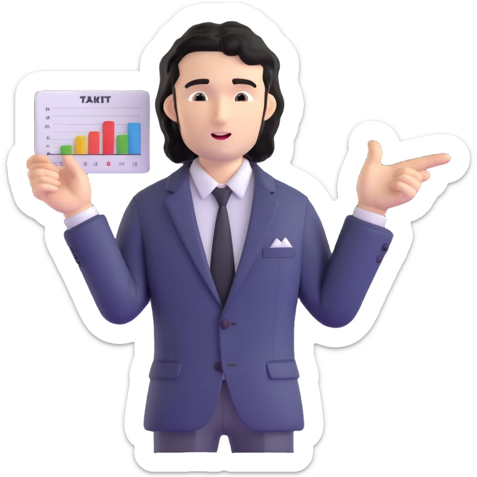 Business strategist man with black wavy hair, stubble, chiseled face, wearing blazer and button-up shirt, standing and pointing at charts while consulting with seated clients, confident leadership expression sticker
