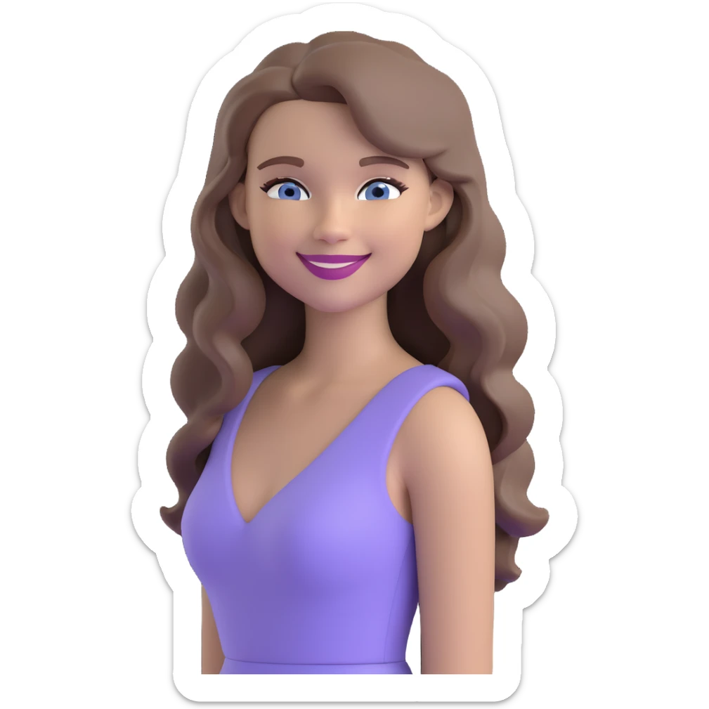 chic emoji of a pretty woman smiling sweetly, with long, slightly curly light ash brown hair, blue eyes, nude lipstick, wearing a snug light purple (almost lilac) dress, elegant and stylish vibe sticker