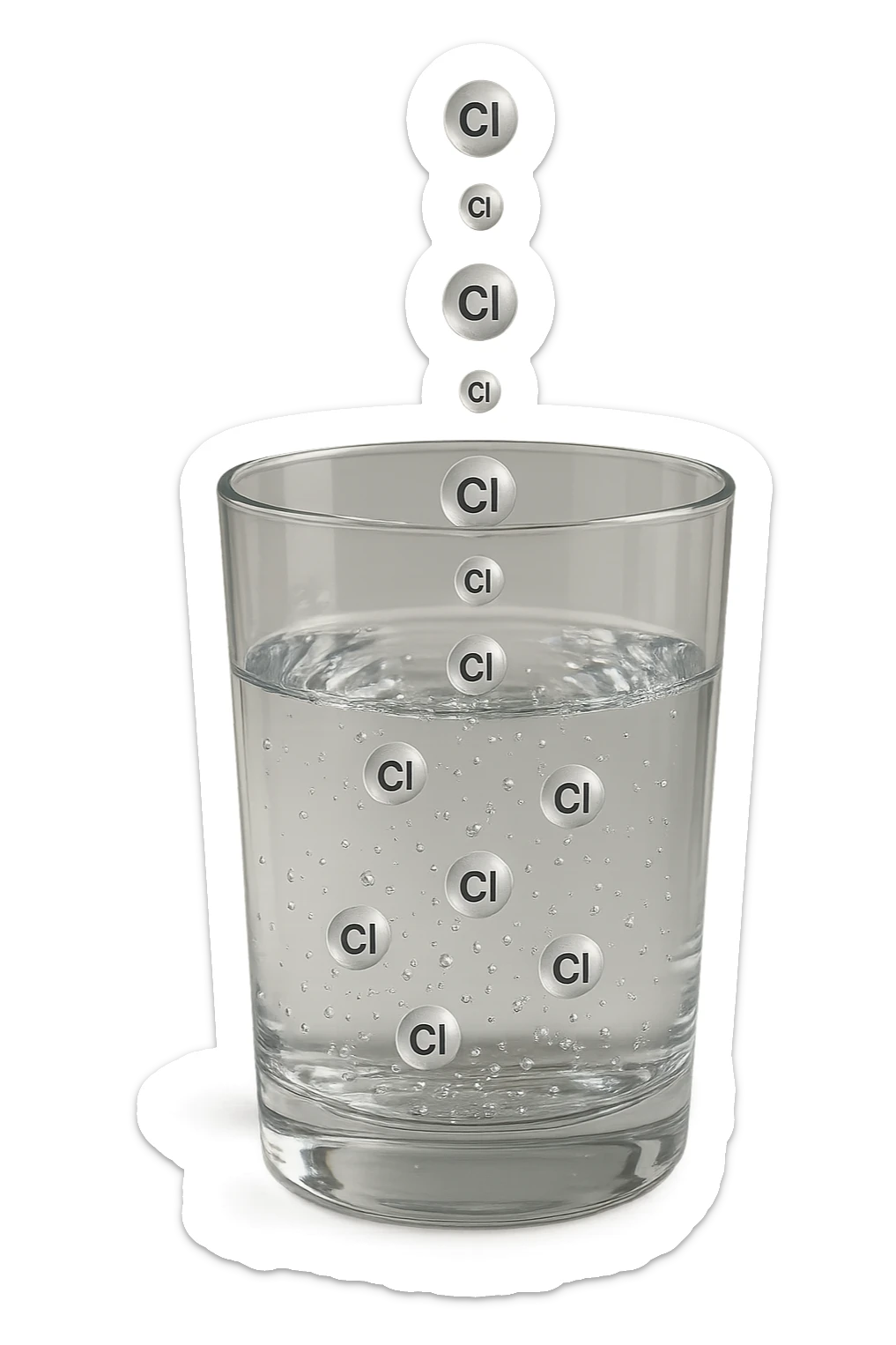 un bicchiere di acqua realistico e dettagliato fluttua in aria, dentro l'acqua del bicchiere ci sono particelle di cloro ben visibili con la scritta "Cl" sopra, ci sono particelle anche che escono dal bicchiere e fluttuano in aria verticalmente, mentre alcune sono all'interno dell'acqua nel bicchiere, iperrealistico 4k sticker