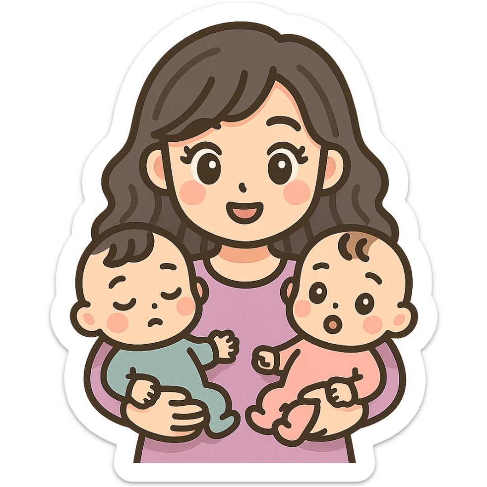 cute young woman with expressive facial features and eyes, long wavy hair, holding two babies in bodysuits, icon-color-outlined style, detailed shadows and highlights, thin clean contours, soft rounded shapes, pastel palette #98B5BC, #B5B3C1, #C9A3C9, #E4C0CA, #F7DCD1, #F7C0AA, modern Japanese pop art and sticker aesthetic, soft lighting, transparent background sticker