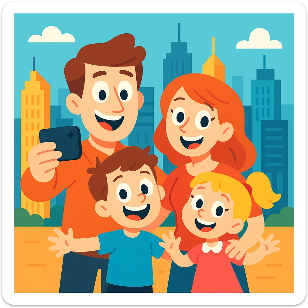 cartoon family taking a selfie in front of city skyscrapers, playful, bright colors, vibrant toon style sticker