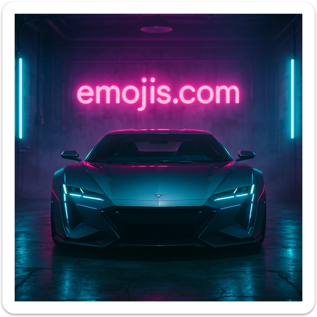 Cinematic still of a futuristic car parked front to camera inside neon garage with led behind saying "emojis.com", room fill with haze, very detailed and futuristic ,inspired by cyberpunk 2077 sticker