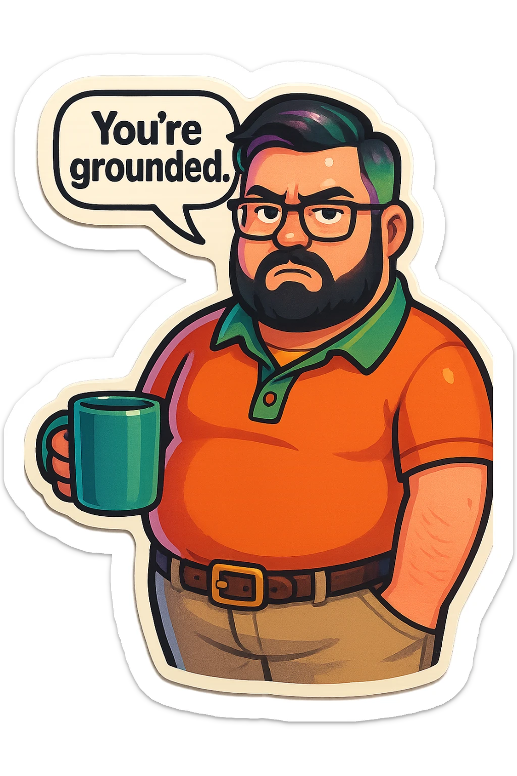 A realism art illustration art style of handsome plus-size man with black hair and a purple to green ombre streak, black beard, blue eye, glasses, dressed like a dad, holding a coffee mug, You’re grounded speech bubble, frowning  sticker