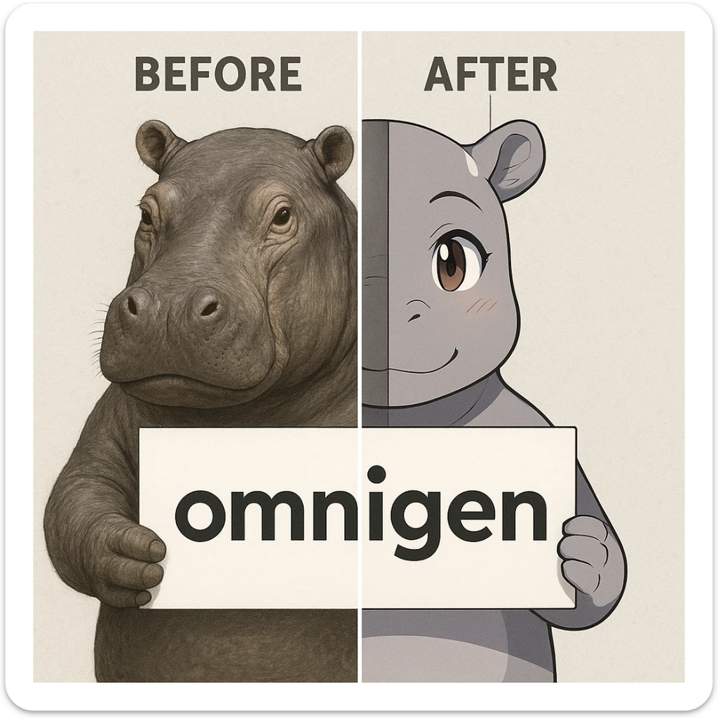 two hippo holding sign of omnigen, half picture 1 hippo is realistic another half is the anime of that same second hippo, with before after mark sticker