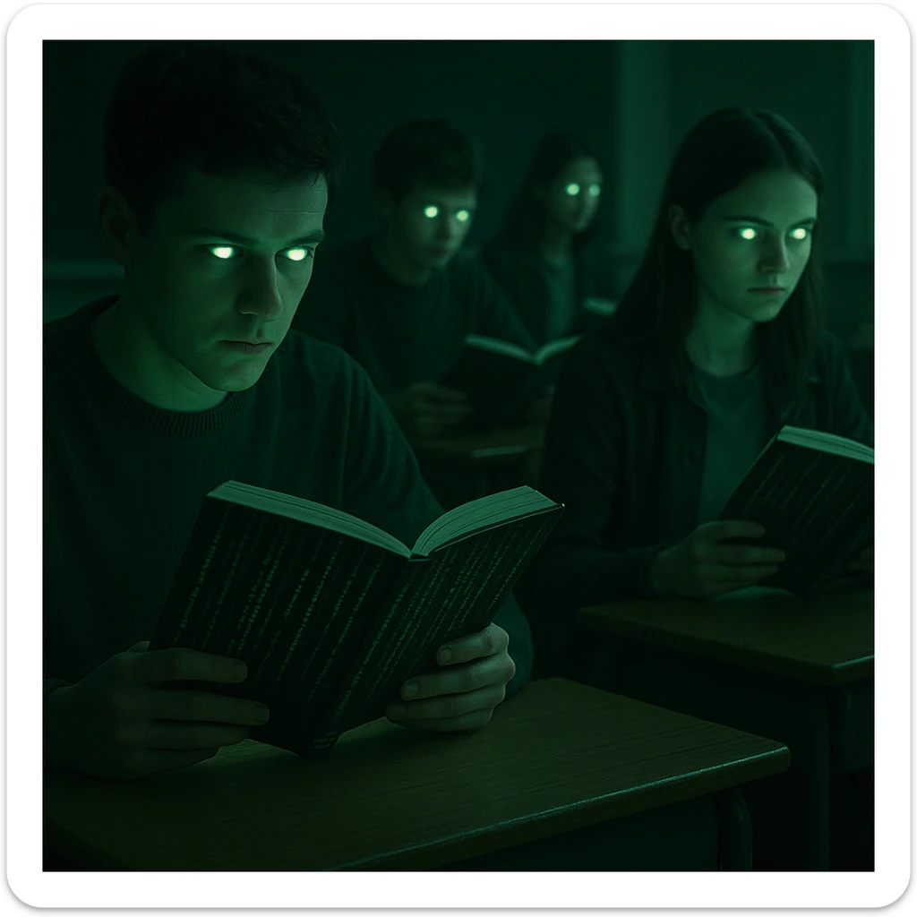 students sitting at desks, glowing eyes and lost gaze, reading manuals with covers showing Matrix code, manipulation atmosphere, cold and green lights, 4K quality sticker