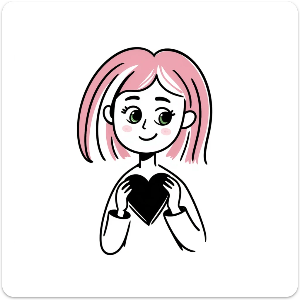 girl with pink and white hair, green eyes, smiling, holding a heart, doodle style sticker
