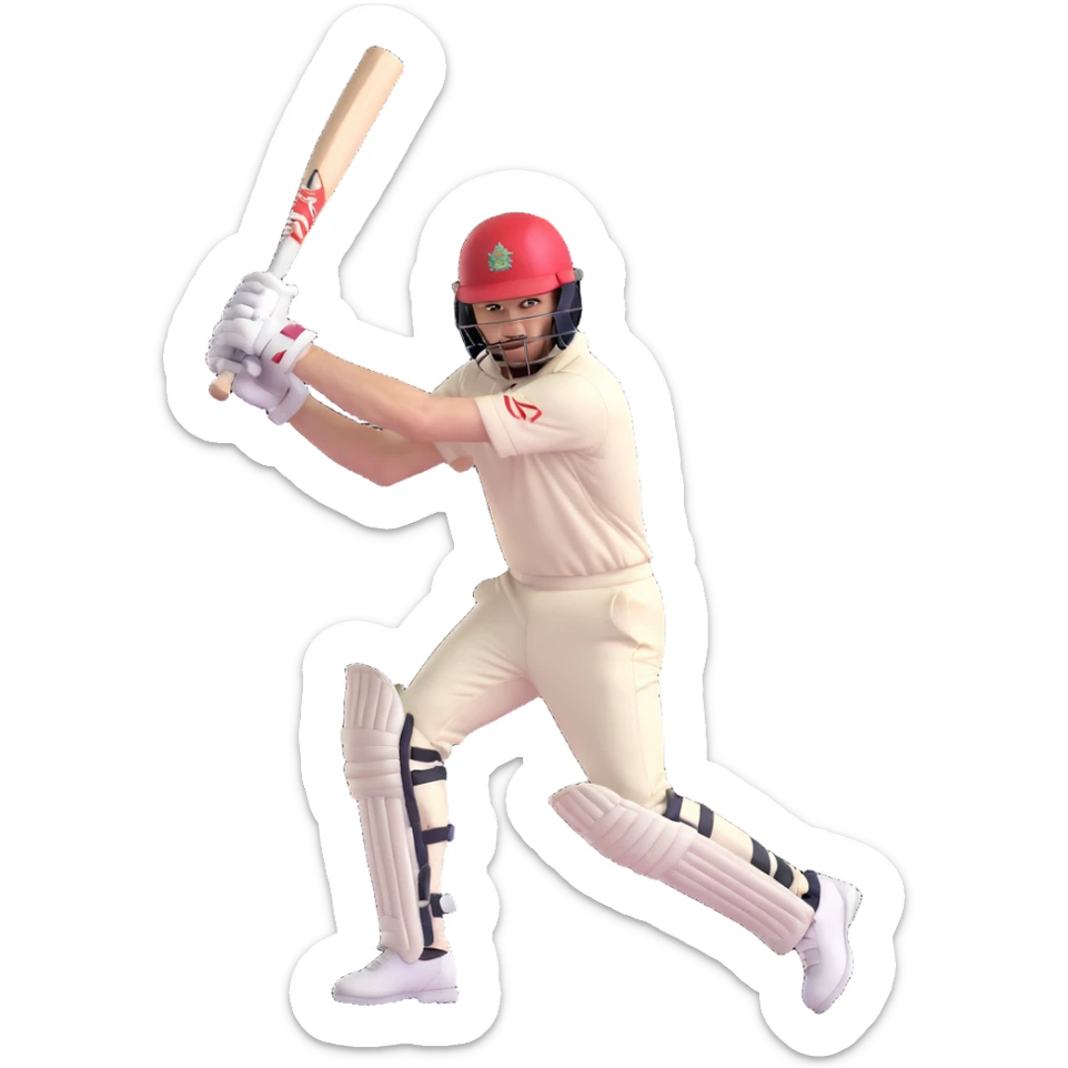 a cricket batsman in mid-swing, visible bat, helmet, and gloves, lively and sporty sticker
