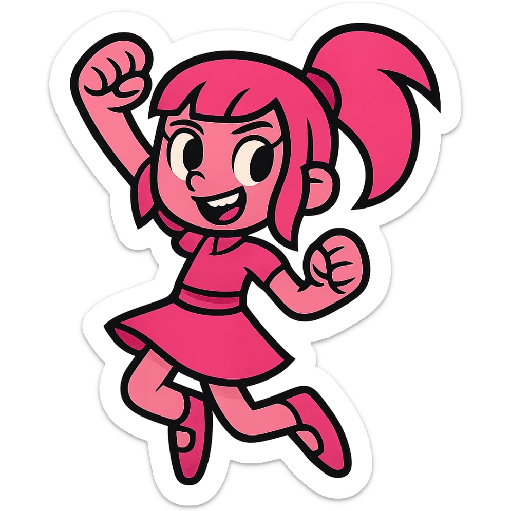pink girly girl with bold lines and energetic pose in vibrant toon style sticker