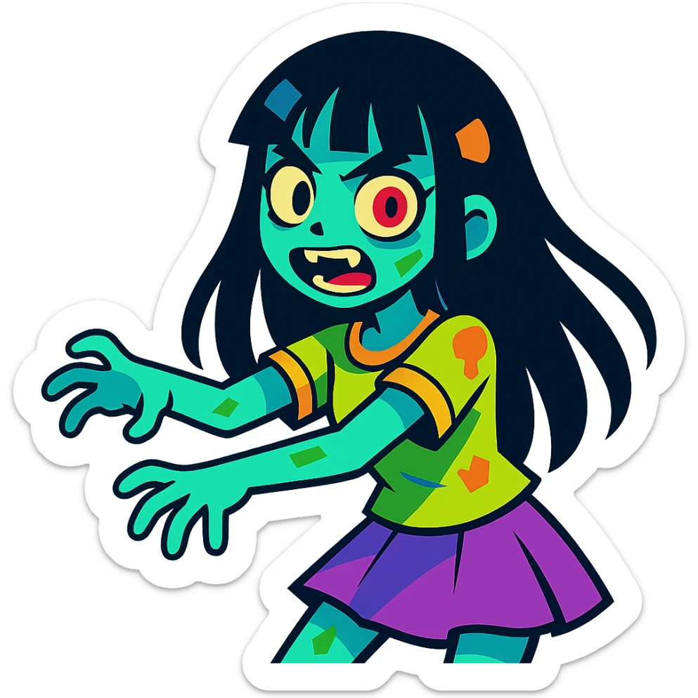a zombie girl with black long hair and bangs, vibrant anime style, bright colors, dynamic sticker