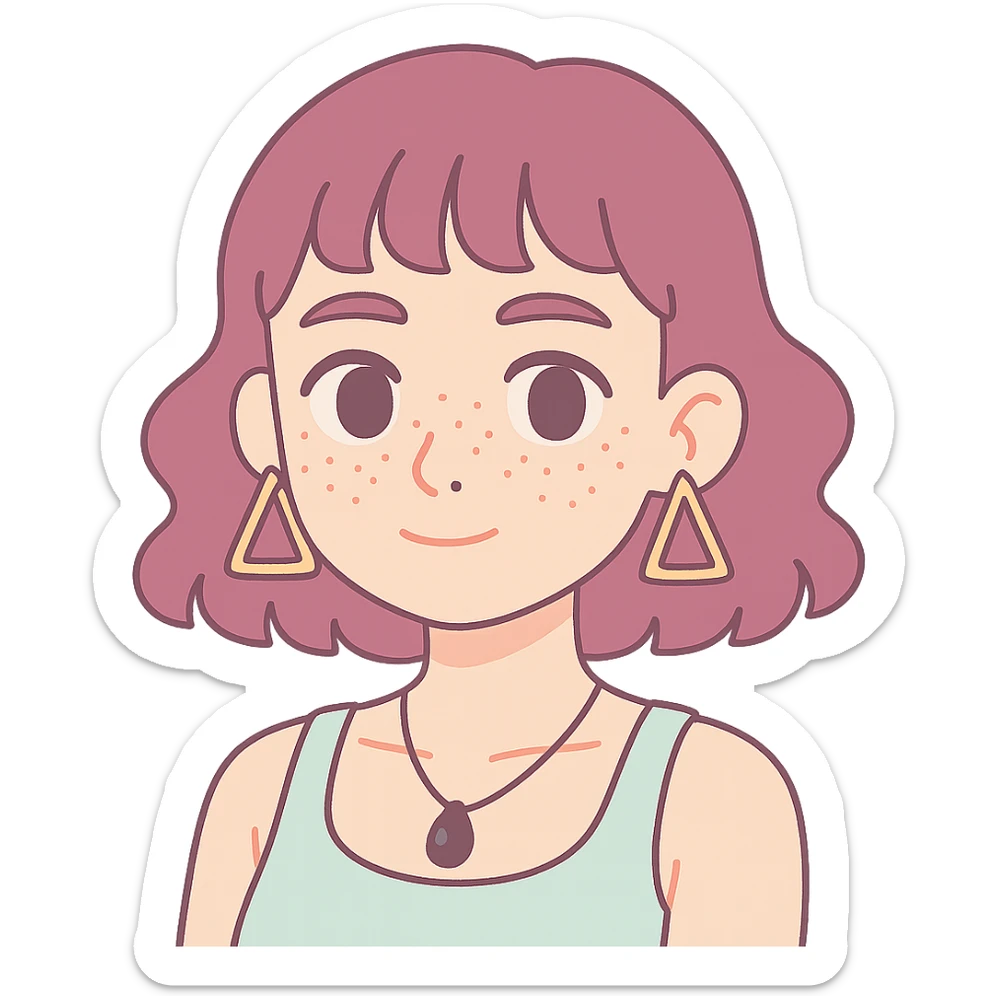 white woman with freckles, teardrop nose piercing, wavy wine purple hair to shoulders, short bangs, triangular hoop earrings, black stone necklace, tank top, thick eyebrows, large brown eyes, anime style, sensual sticker