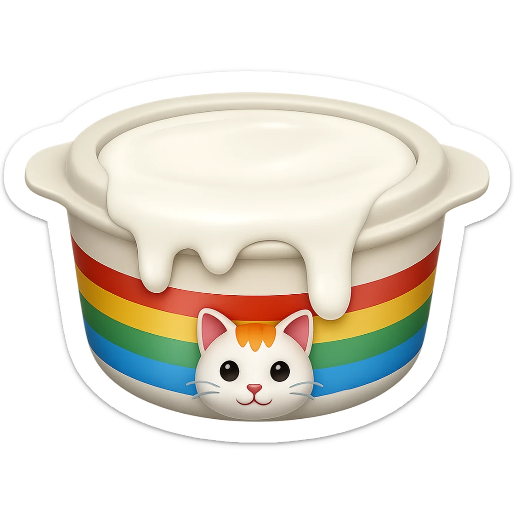 Replace the food in the cat food bowl with milk, the bowl is filled to the brim and overflowing with milk, keep the cat food bowl style and apple emoji style, no background. sticker