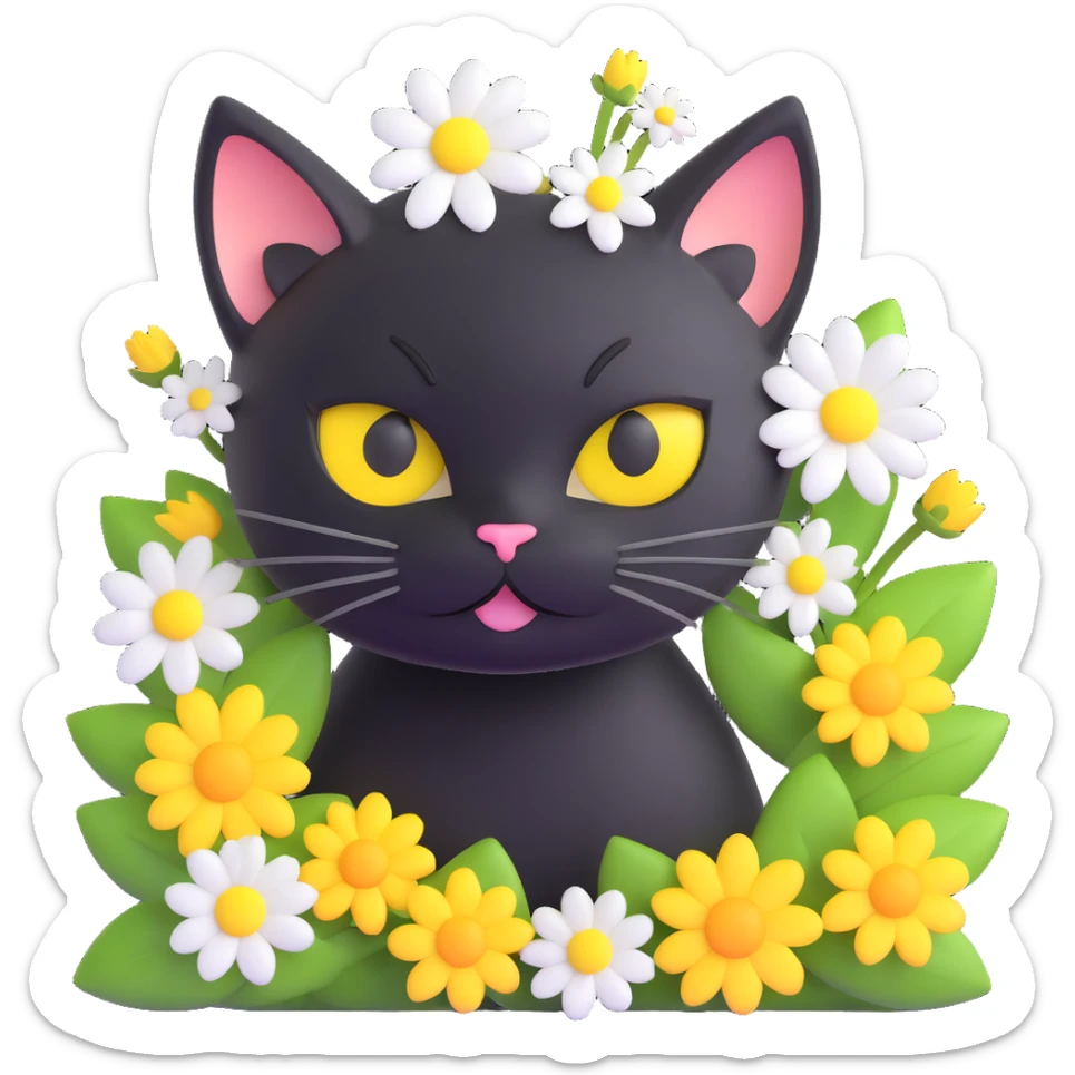 cute black cat with big yellow eyes peeking out from green grass, white flower on its head, surrounded by small white and yellow flowers, 3D iOS 18 style illustration sticker