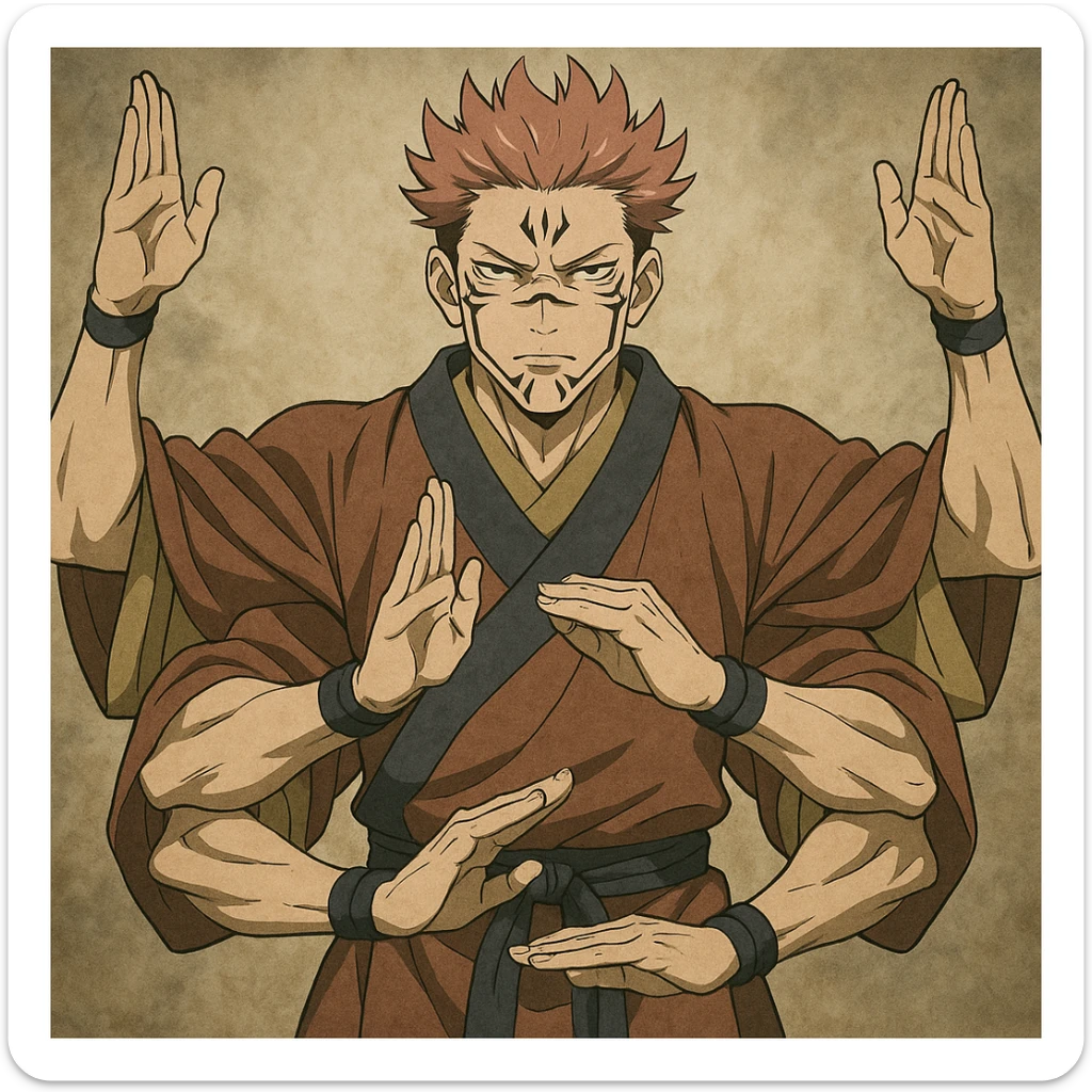 Ryomen Sukuna, Heian era, stern face, performing Ryoi Kenkai, four arms, traditional robes, anime style sticker