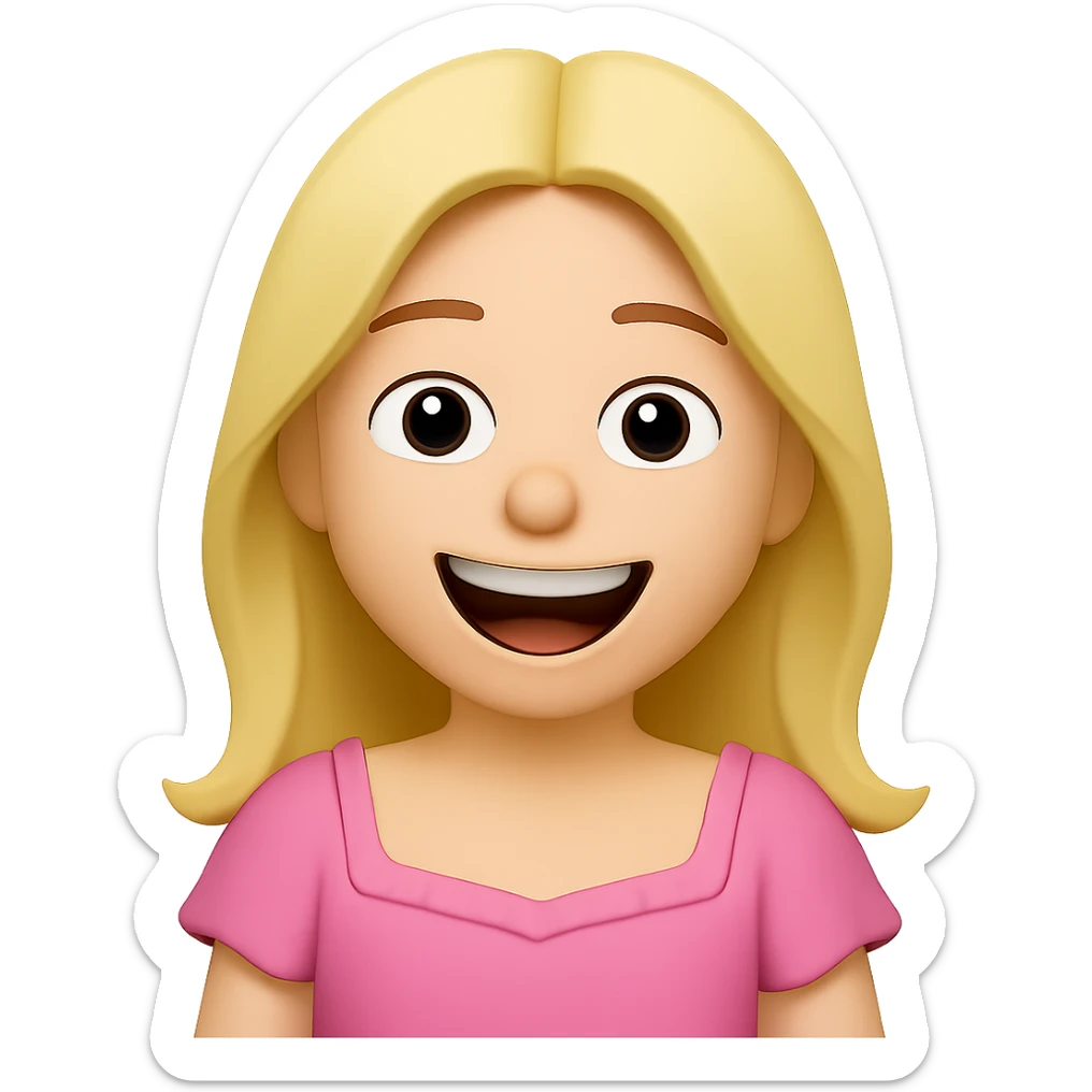 Create an iOS emoji style blonde woman with long hair and pale green eyes, laughing expression, based on the appearance in the reference image. sticker