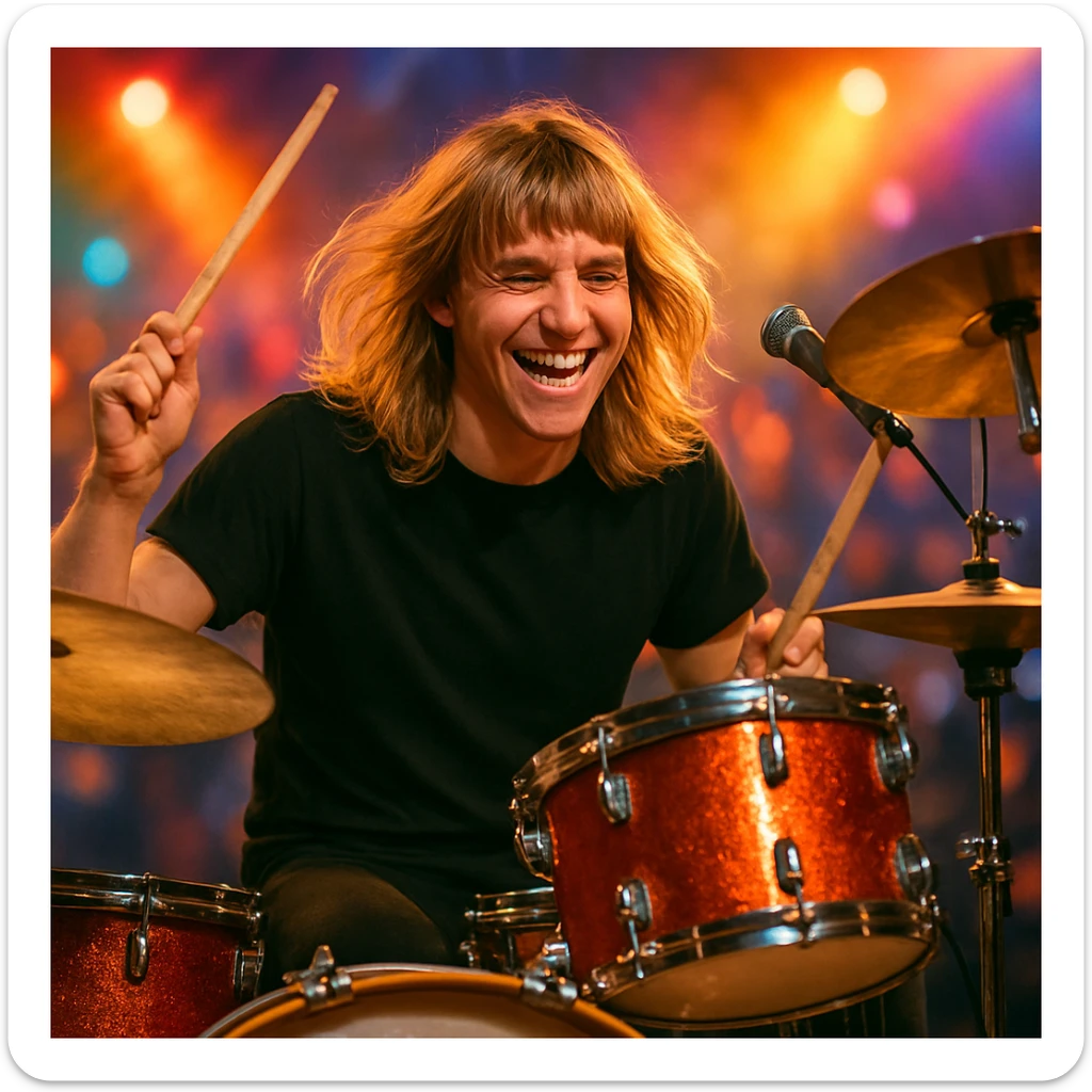 male drummer, long blonde hair on top with bangs, seated at drum kit, lively atmosphere sticker