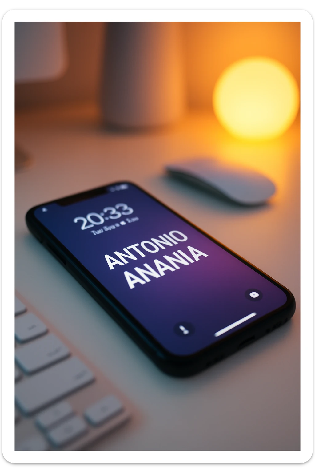 A photo of an iPhone on the desk with the message "Antonio Anania" on its screen, The phone sits atop a desk with a blurred background that suggests work environment. A faint glow from above casts gentle shadows across the surface of each object, creating depth and highlighting their textures sticker