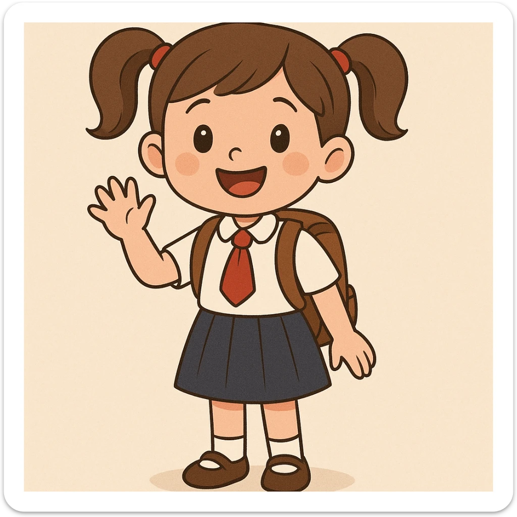 adorable schoolgirl with pigtails, wearing a uniform, waving sticker
